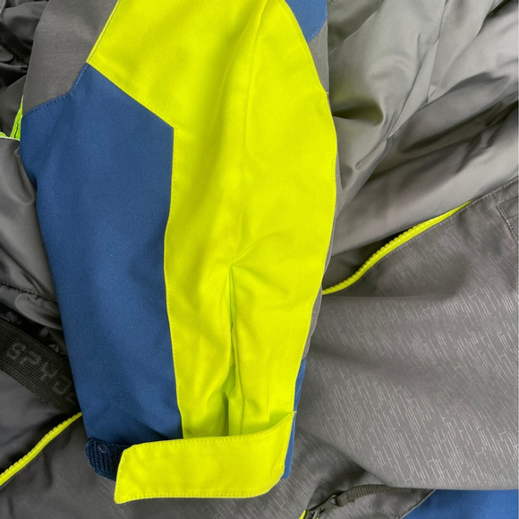 Spyder Leader Kids Ski Puffer Jacket - Gray, Blue, and Neon Yellow size 20 - Picture 9 of 14